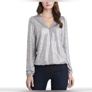 Vince Camuto - Silver Sparkle faux-wrap sweater. Medium - pit to pit is 19".